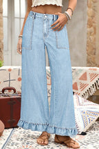 Black Plus Size Elastic Waist Ruffled Wide Leg Denim Pants fbba0070eb2f83f8