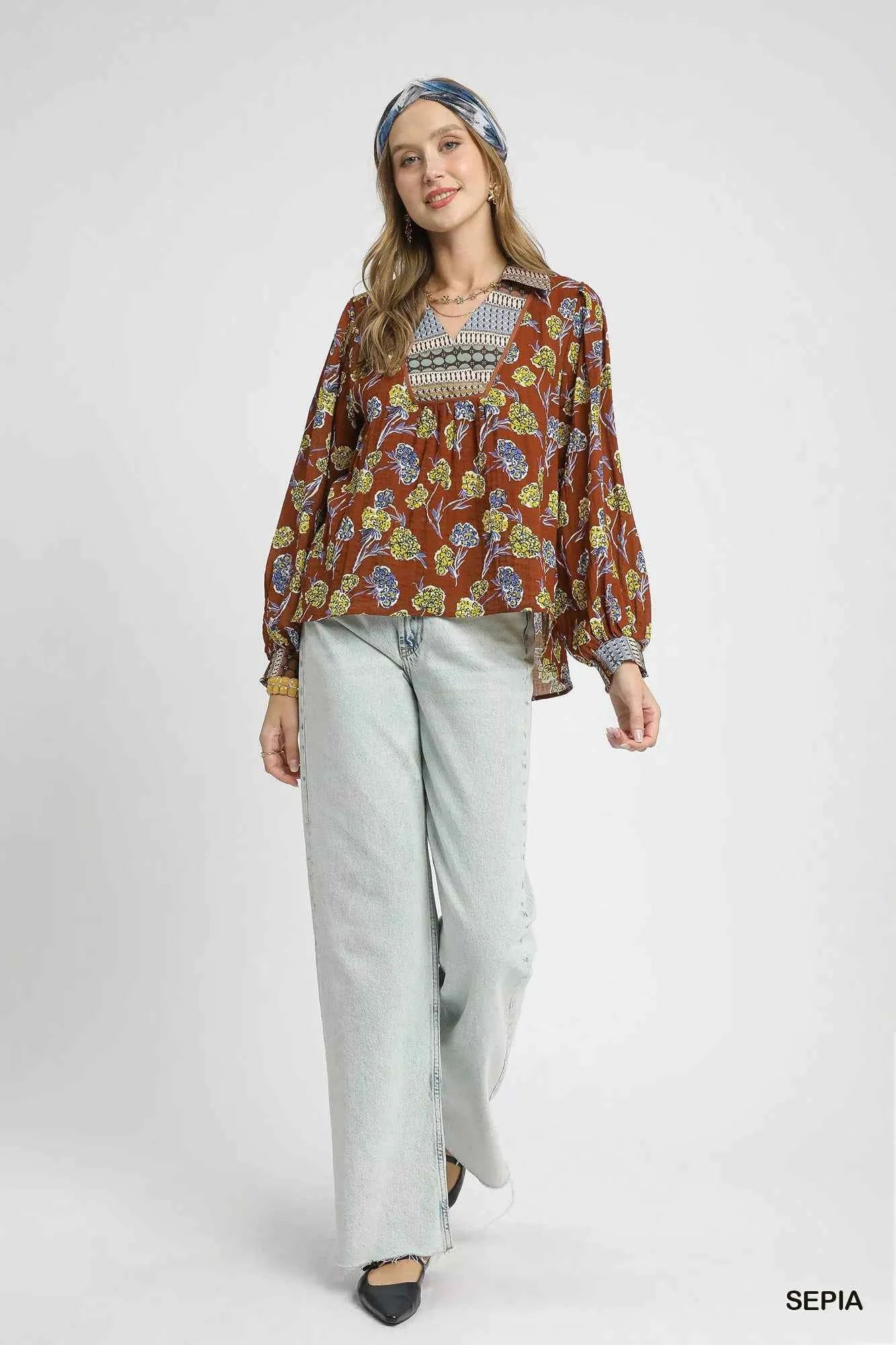 Umgee Floral Print Collar Blouse fbc422b5-664d-4a62-987b-40b3d15284cf-Max-Origin