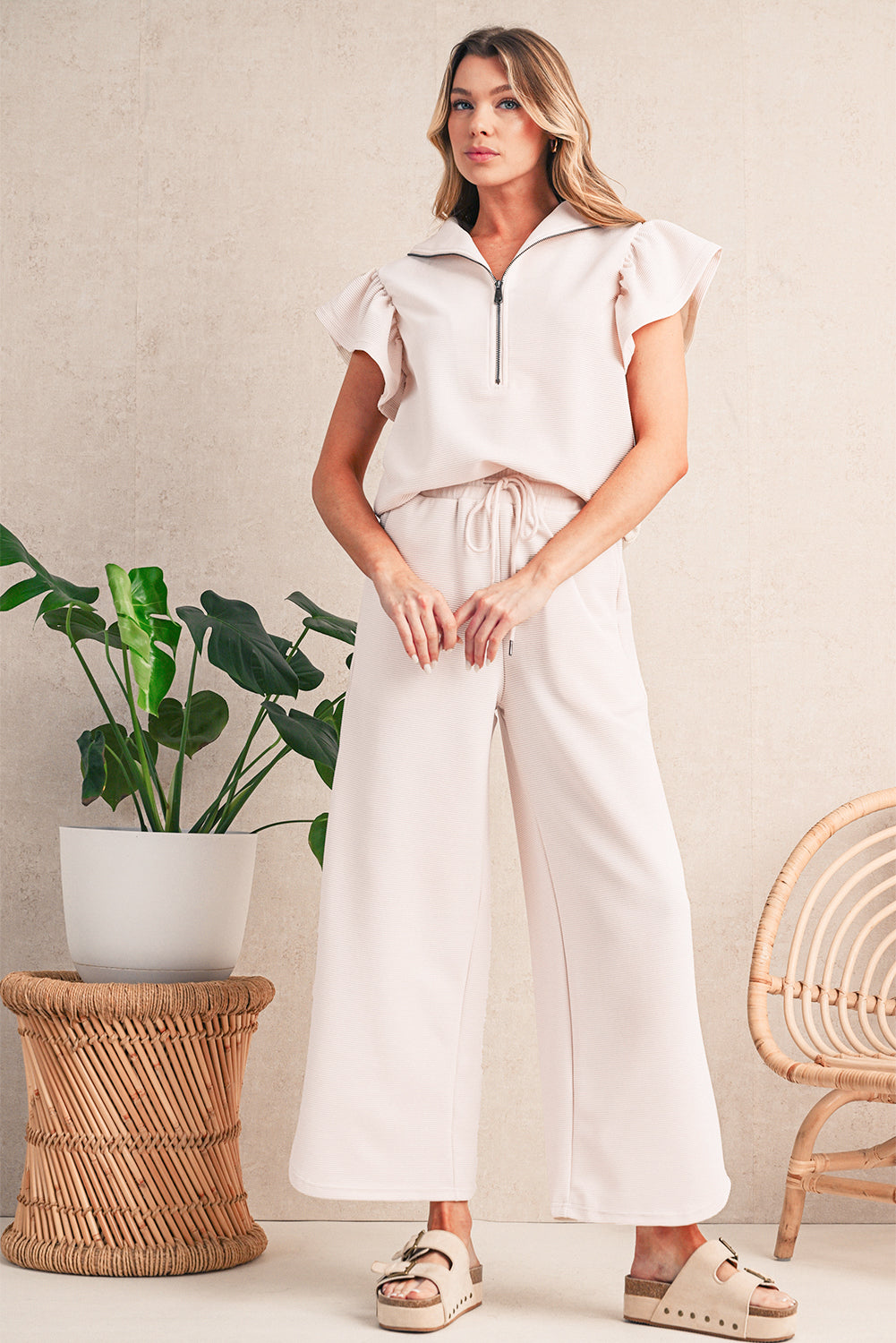 Pink Textured Ruffle Sleeve Zipped Top and Wide Leg Pants Set fbc997124fdde813