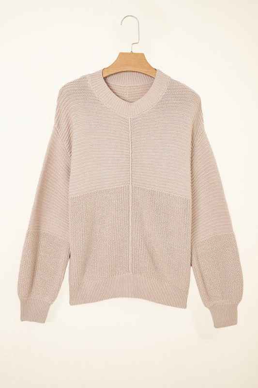 Ribbed Patchwork Textured Knit Puff Sleeve Sweater fbcaac99-034c-4aae-8919-67bf9a0809eb