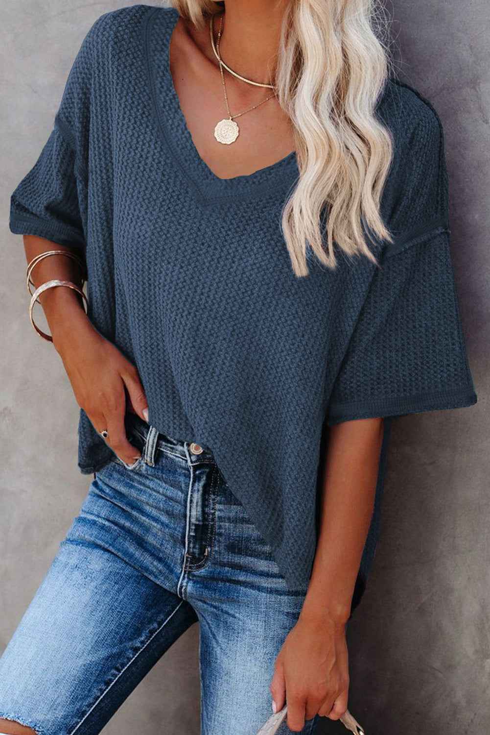 Blue Exposed Seam Drop Sleeve V Neck Waffle Textured Top fbcbd8c2336b7476