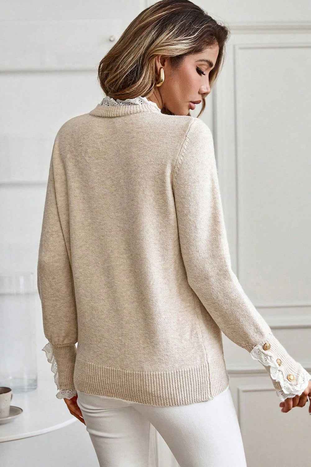 Racing Red Lace Trim Patchwork Buttoned Cuffs Loose Sweater fbcf8decd0f6e6d6