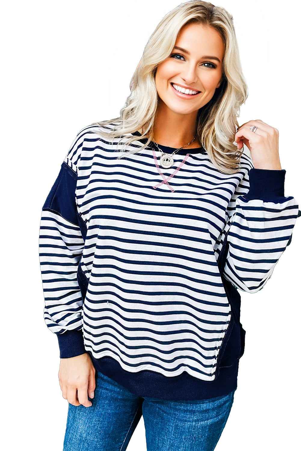 Blue Stripe Contrast Stitched Detail Color Block Patchwork Plus Size Sweatshirt fbd2d3228d16764f