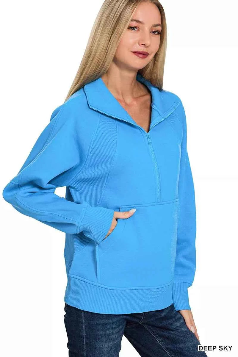 Zenana Half Zip Fleece Sweatshirt with kangaroo Pocket fbd5a08286c54b9ebc15921fe40638a3-Max-Origin
