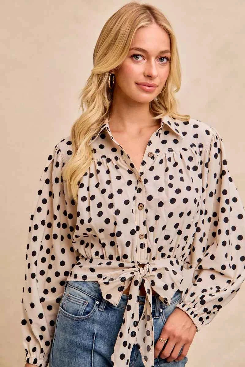 BiBi Polka Dot Print Tie Hem Detail Crop Shirt fbd6b6a2e229404aa41462c49a73fd6f-Max-Origin