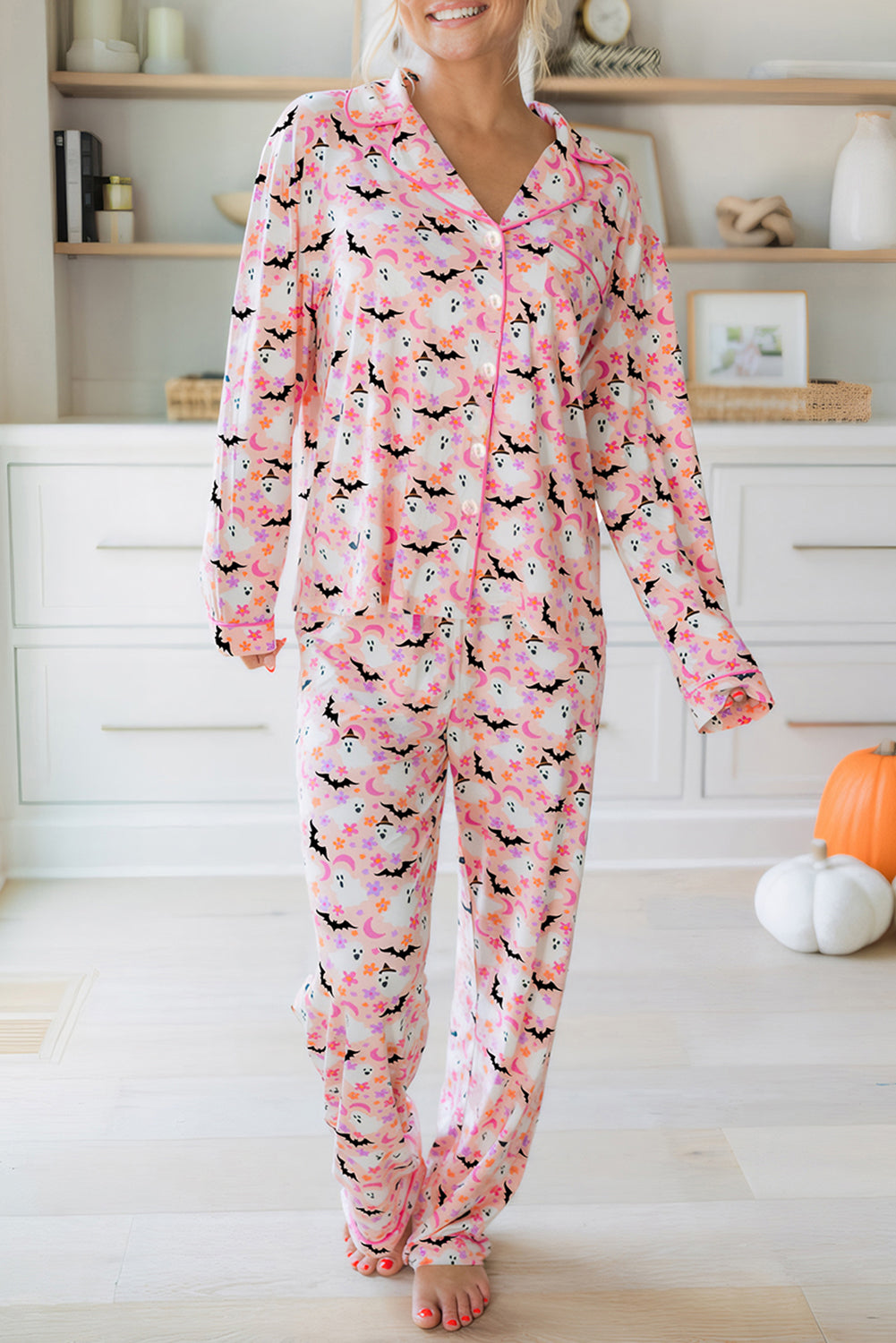 Pink Cute Floral Halloween Ghost Print Long Pajama Set fbd80378ea0d7500