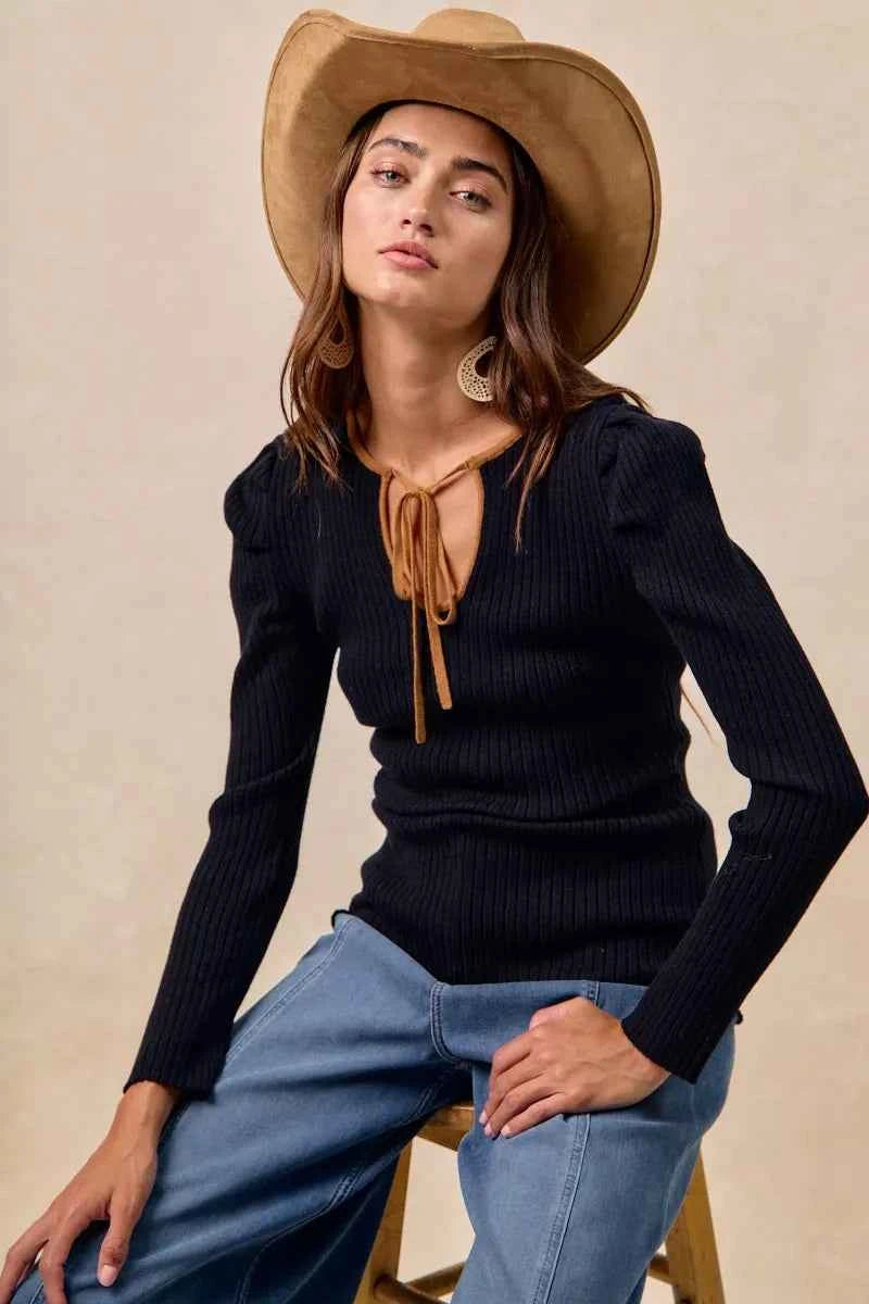 BiBi Ribbed Contrast Front Tied Top with Shrried fbda945636664dfd9eeb96e19bbddb48-Max-Origin