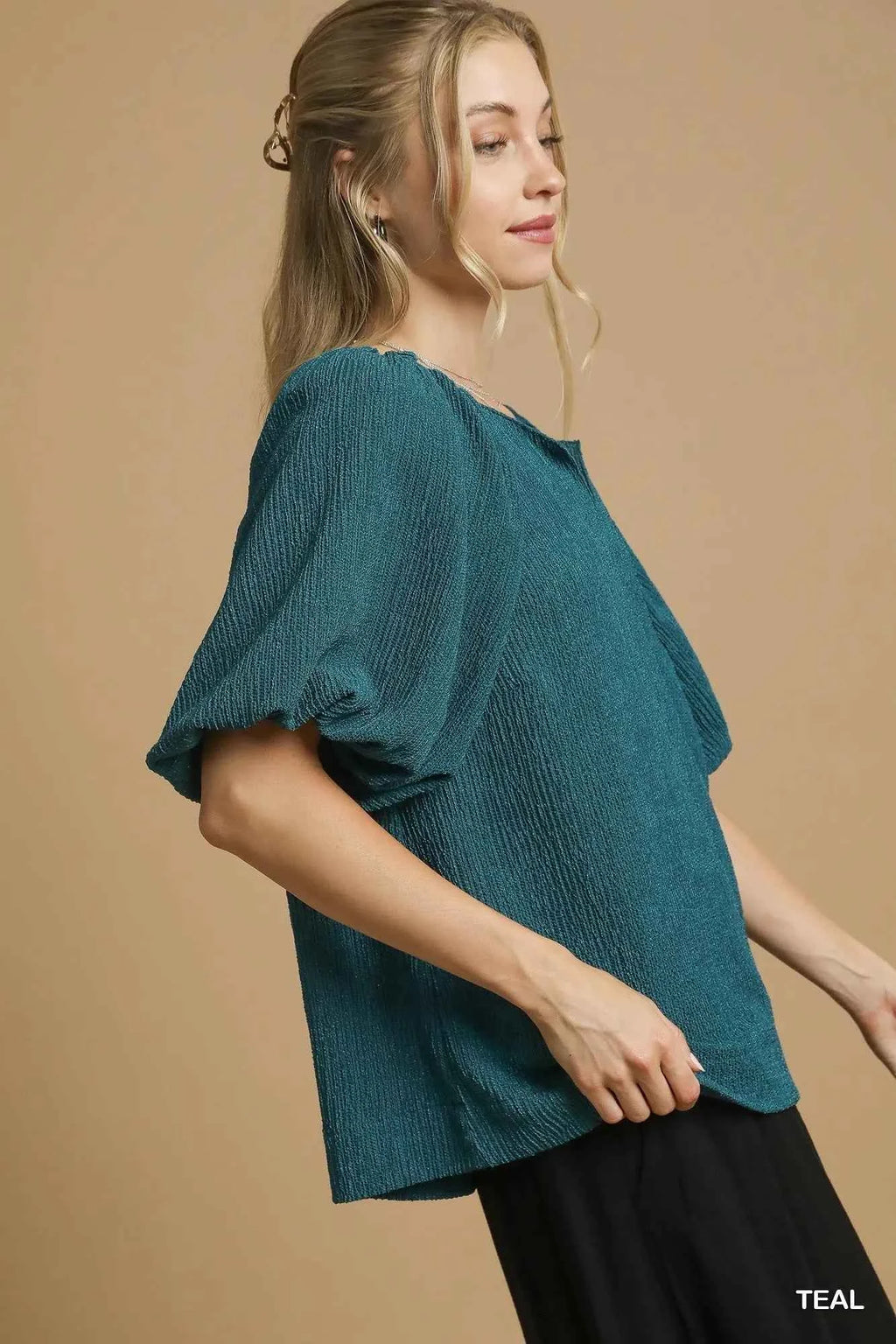 Umgee Textured Flutter Sleeve Notch Neck Top fbdc1c11-7d69-4217-8d57-c92e14e27f8c-Max-Origin