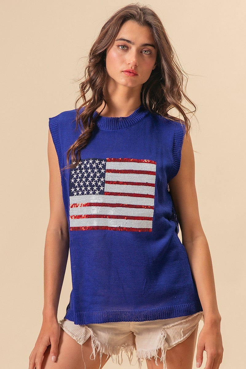 BiBi American Flag Sequins Patch Knit Vest fbdeca824c6d4a379bd22ffee2c78249-Max