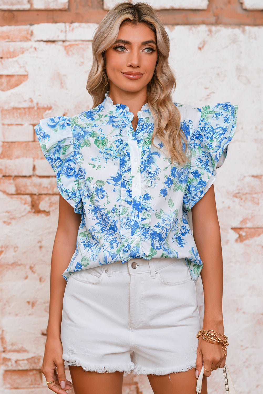 Sky Blue Floral Print Ruffle Sleeve Frill Shirt fbe2fb11007fae42