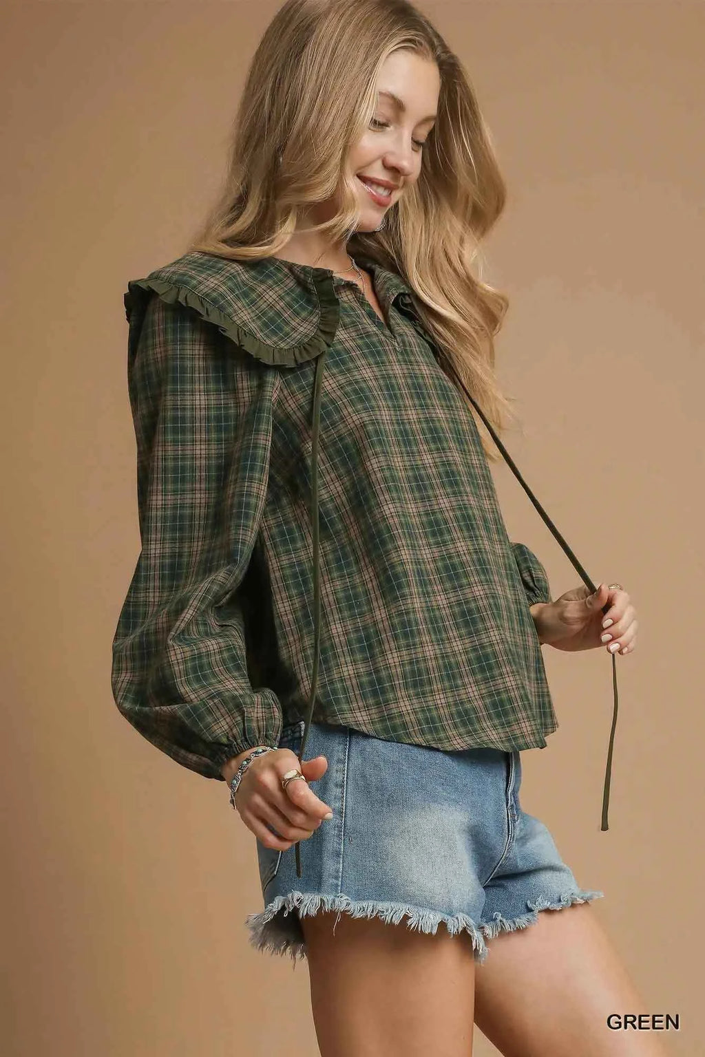 Umgee Full Size Plaid Ruffle Collar Blouse Plus Size fbe36375-ceaa-4d7a-a22c-36b44a36d4c7-Max-Origin