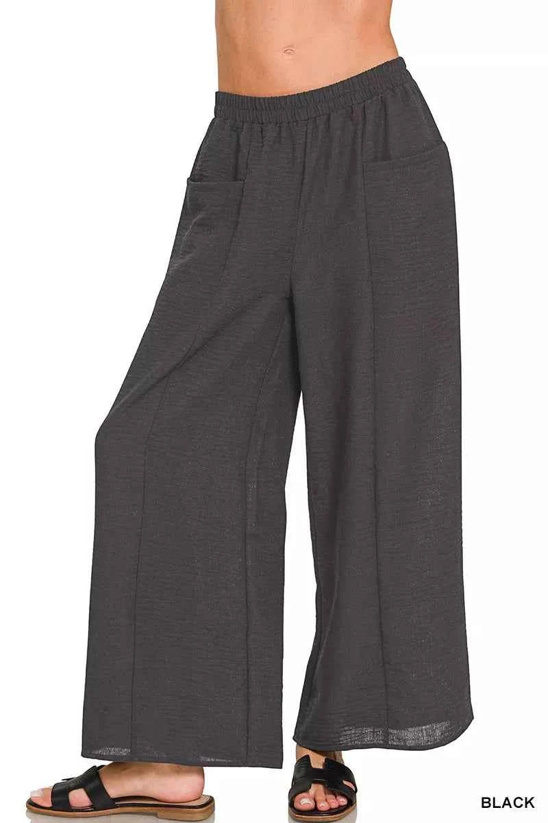 Zenana Woven Airflow Elastic Waistband Pants BLACK fbe8d74c904c425ba93d3b24e6cb19ad-Max-Origin