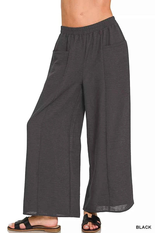 Zenana Woven Airflow Elastic Waistband Pants BLACK fbe8d74c904c425ba93d3b24e6cb19ad-Max-Origin