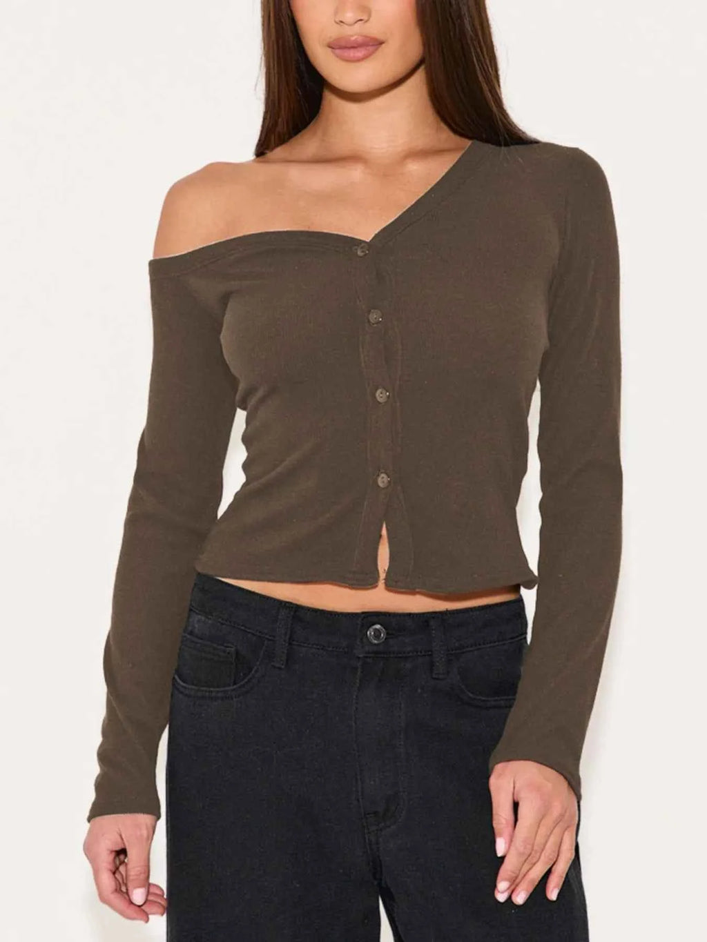 Asymmetrical Neck Button Up Cardigan Coffee Brown fbee408a-ad4e-40e1-b4c3-df8e3a3e6327-Max-Origin