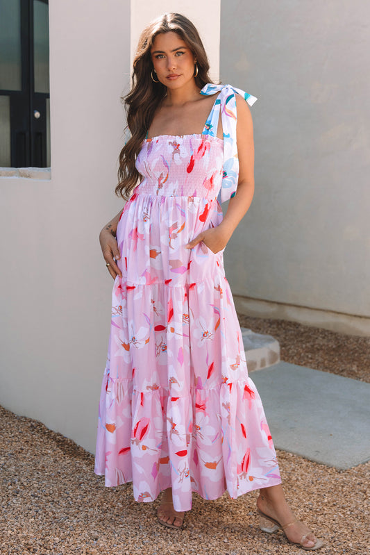 Pink Floral Print Knotted Shoulder Smocked Maxi Dress fbee48f471d9888b