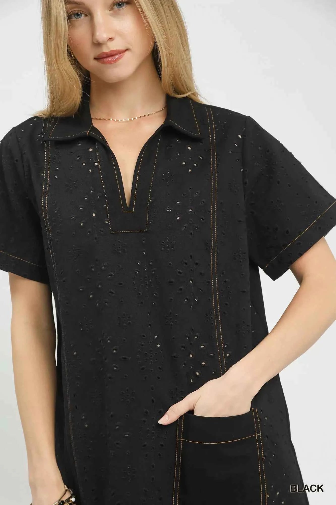 Umgee Eyelet Short Sleeve Shift Dress with Pocket fbf6a013-fac0-42e1-9f4b-71055360bbb4-Max-Origin