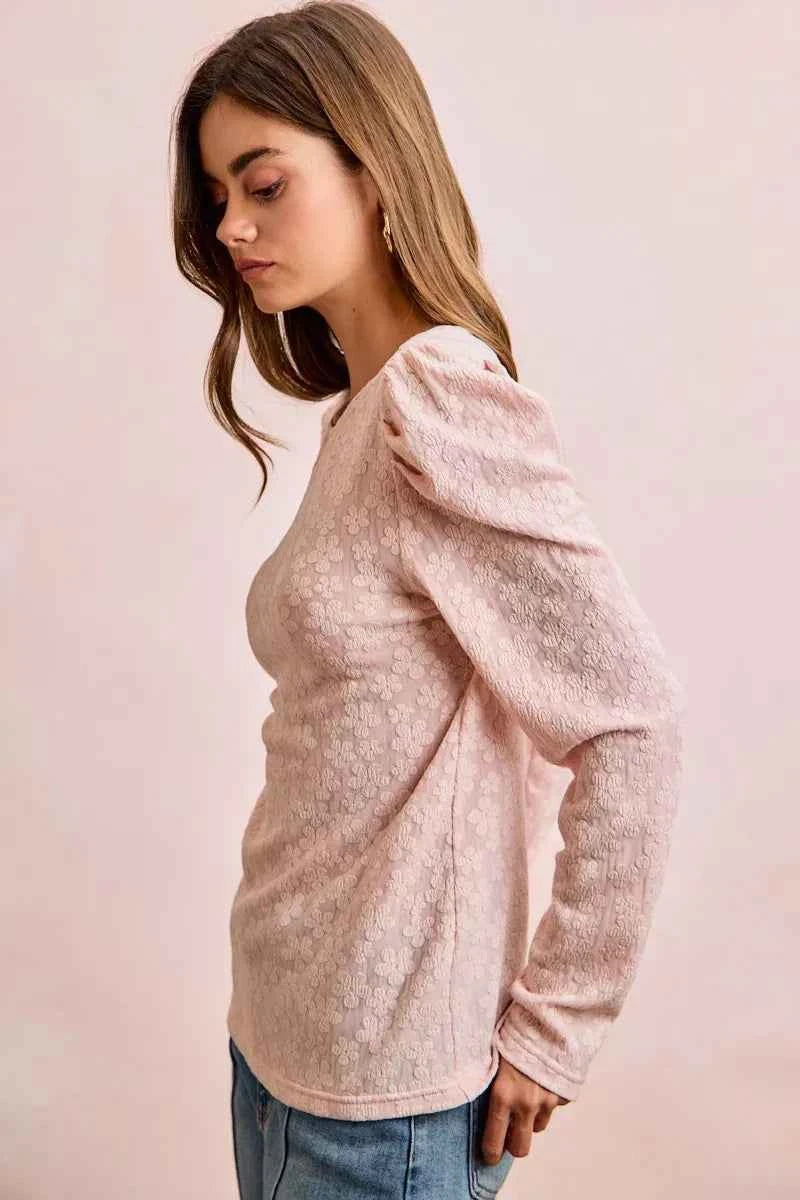 BiBi Textured Flower Knit Puff Shoulder Top fbf9b51196e045feb463c348b1c0fbf8-Max-Origin