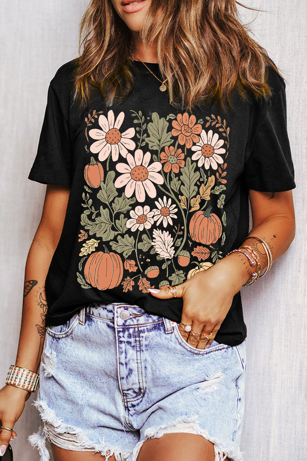 Black Wild Flower Pumpkin Heat Transfer Printing T Shirt fbfd5a16de689a92