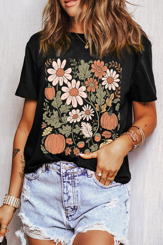 Black Wild Flower Pumpkin Heat Transfer Printing T Shirt fbfd5a16de689a92