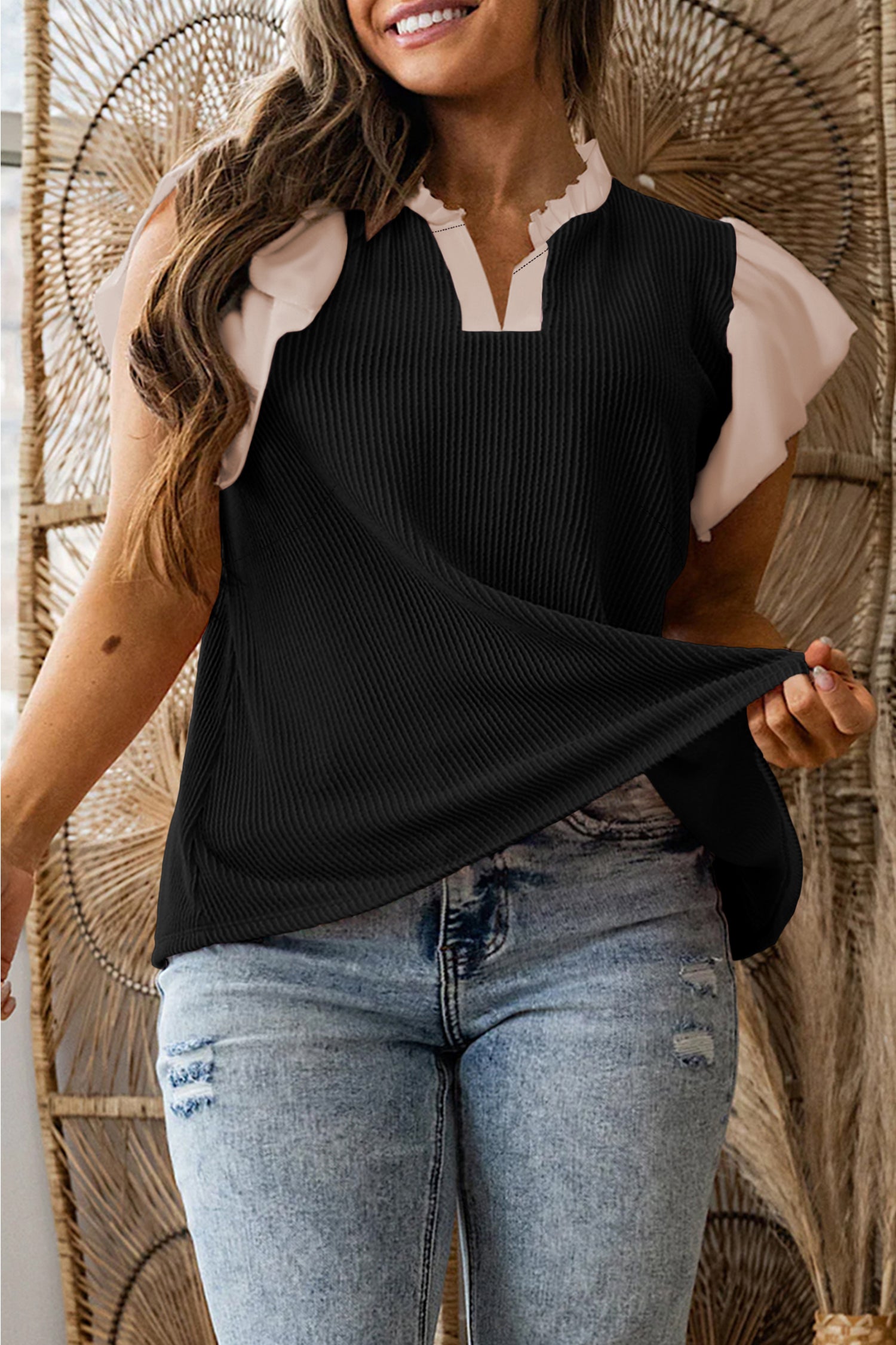 Black Plus Size Contrast Frilled Neckline Ruffled Short Sleeve Ribbed Textured Blouse Black 75%Polyester+20%Viscose+5%Elastane fbfe23e27d093c69