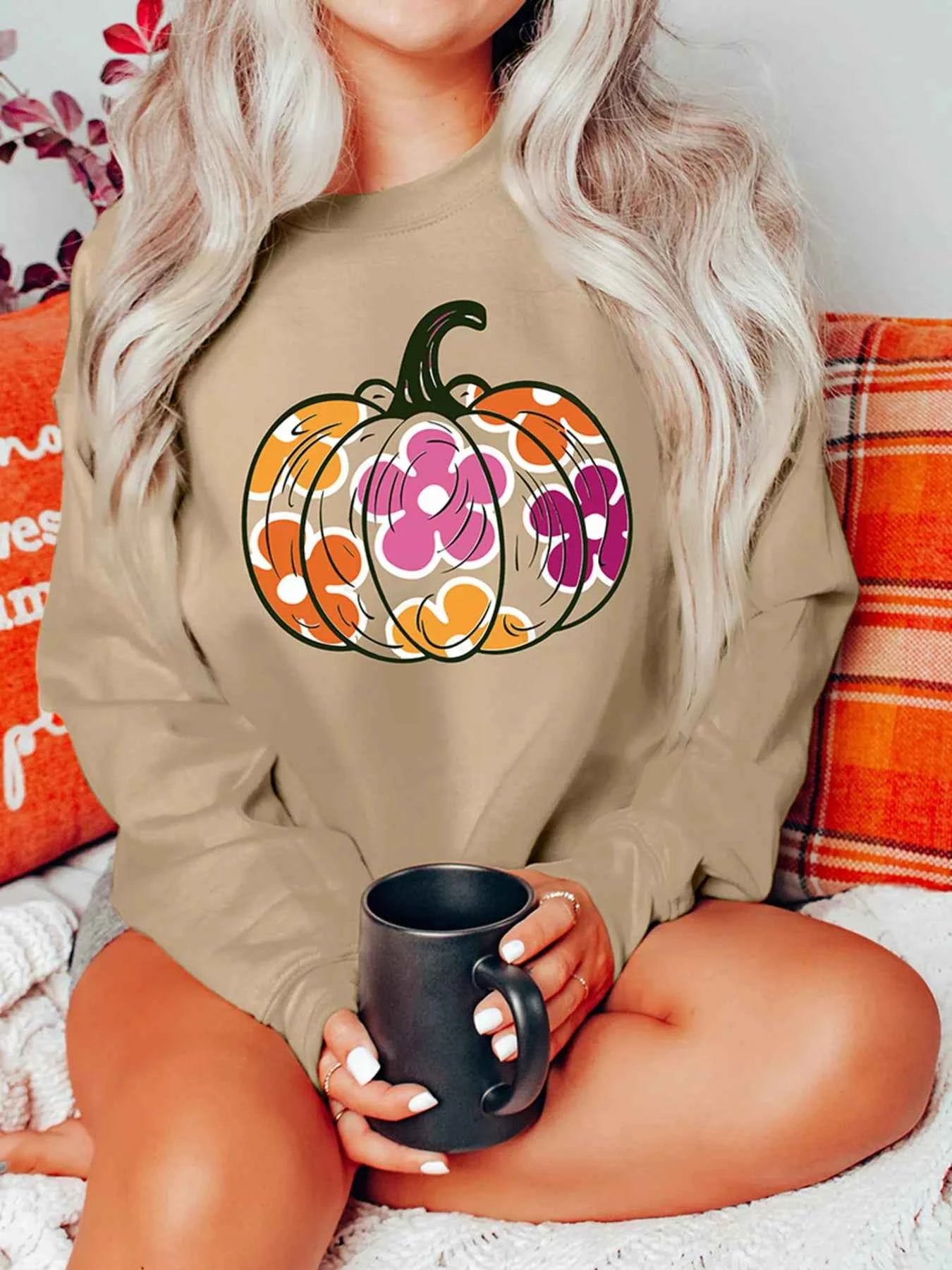 Halloween Floral Pumpkin Graphic Drop Shoulder Sweatshirt Khaki fc06274294864821aa76e693f5e2f48e-Max-Origin