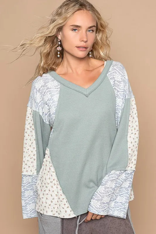 POL Lace Floral Round Neck Knit Top Air Force Blue fc073147-7985-458a-9351-2de04dd0668d-Max