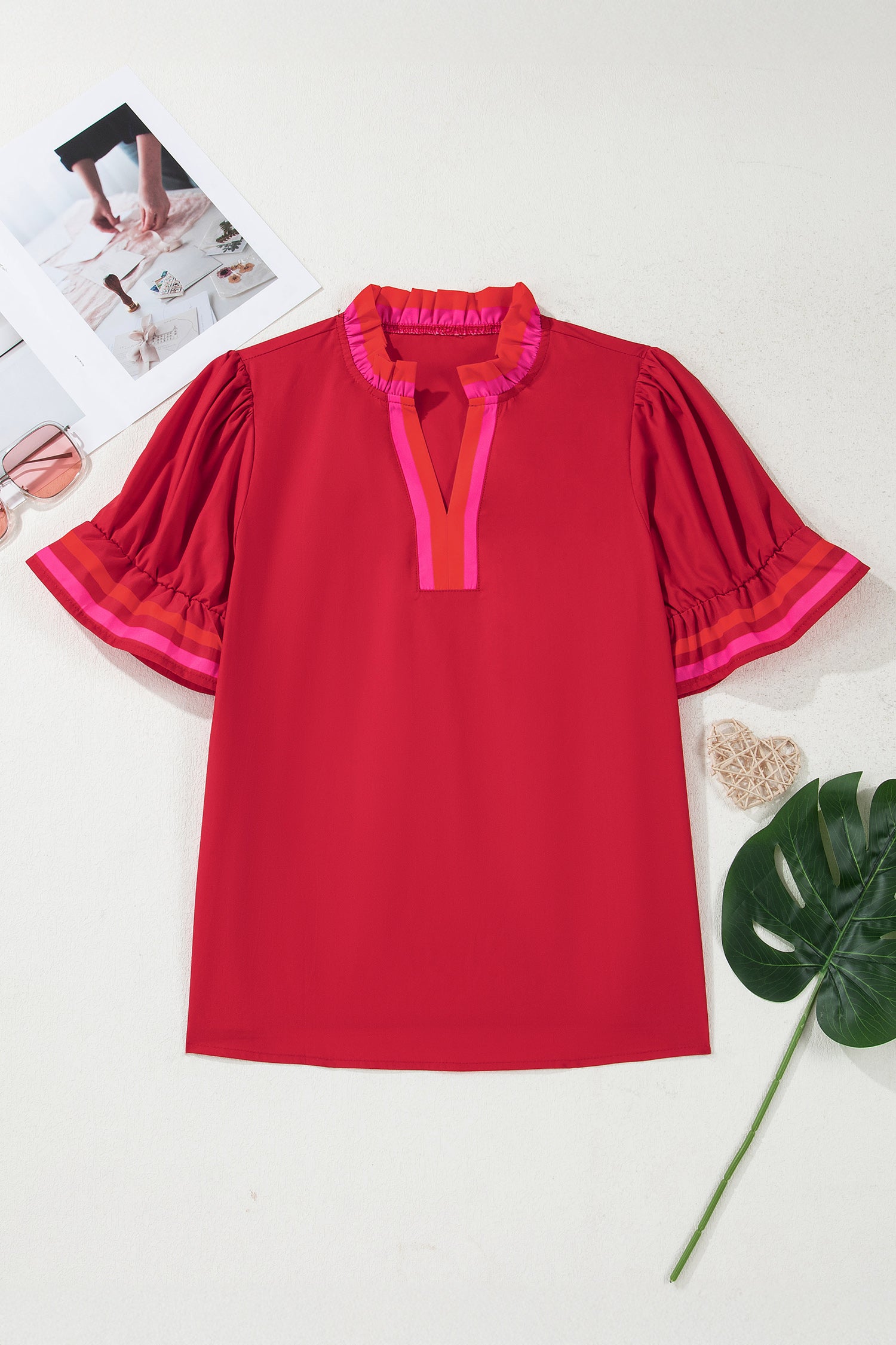 Fiery Red Striped Frilled Collar Ruffled Short Sleeve Blouse fc0b83476bbc6922