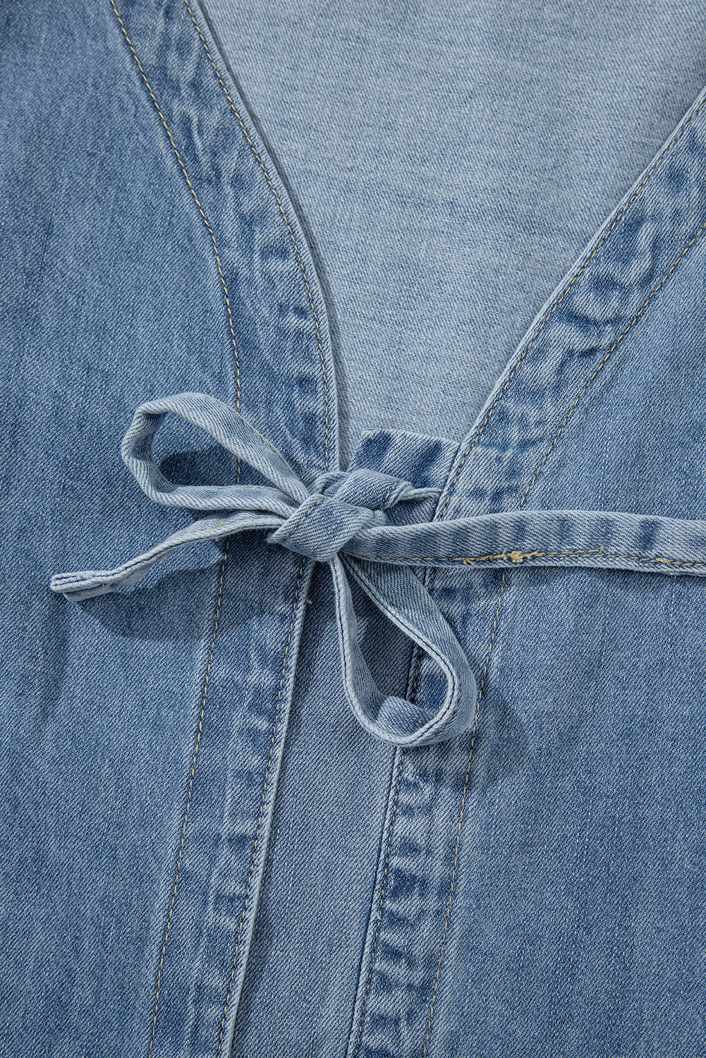 Dusk Blue Bow Tie Front Puff Sleeve Denim Top fc193dad31c67448
