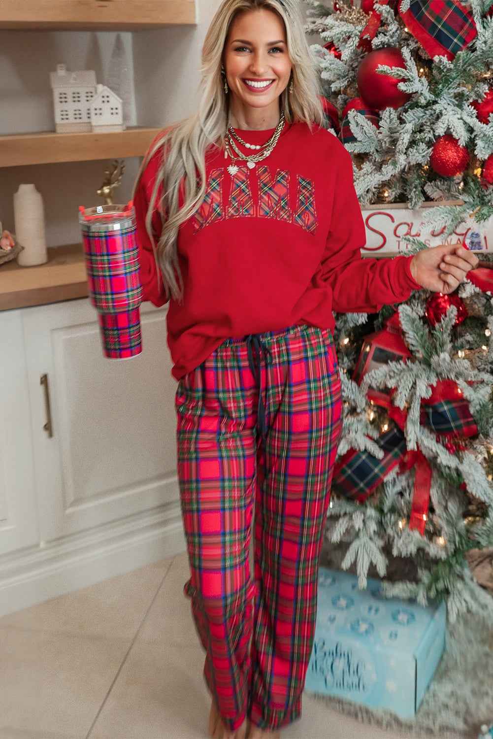 Red Plaid MAMA Graphic Christmas Holiday Crewneck Pullover and Pants Lounge Set fc1b60806ba79112