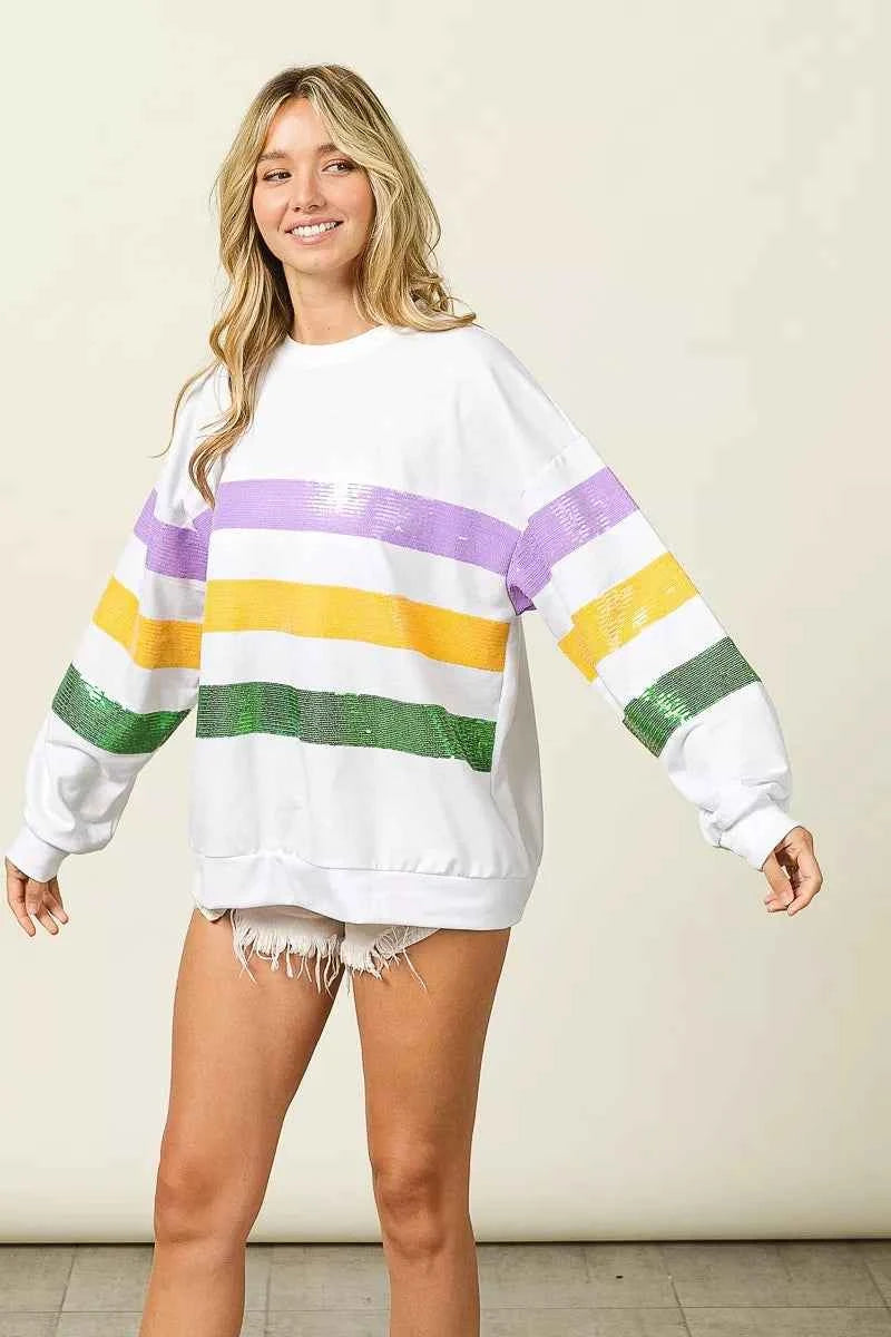BiBi Sequin Mardi Gras Striped Round Neck Sweatshirt fc24264e21ba40dc85fa27e9516f9d1a-Max-Origin
