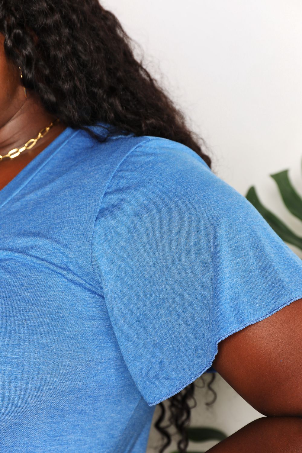 Double Take Ruched V-Neck Short Sleeve T-Shirt fc27e5ab4b6e4f4e986d929073ab2384-Max
