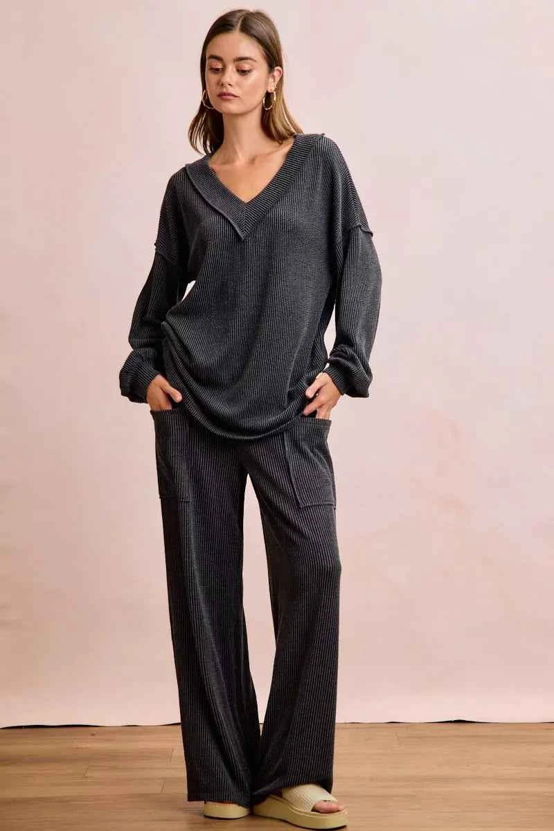 BiBi Two Tone Cord Rib Contrast Stitching V-Neck Top and Pants Set BLACK CHARCOAL fc28a745086b4819b937a397fe19e2e2-Max-Origin
