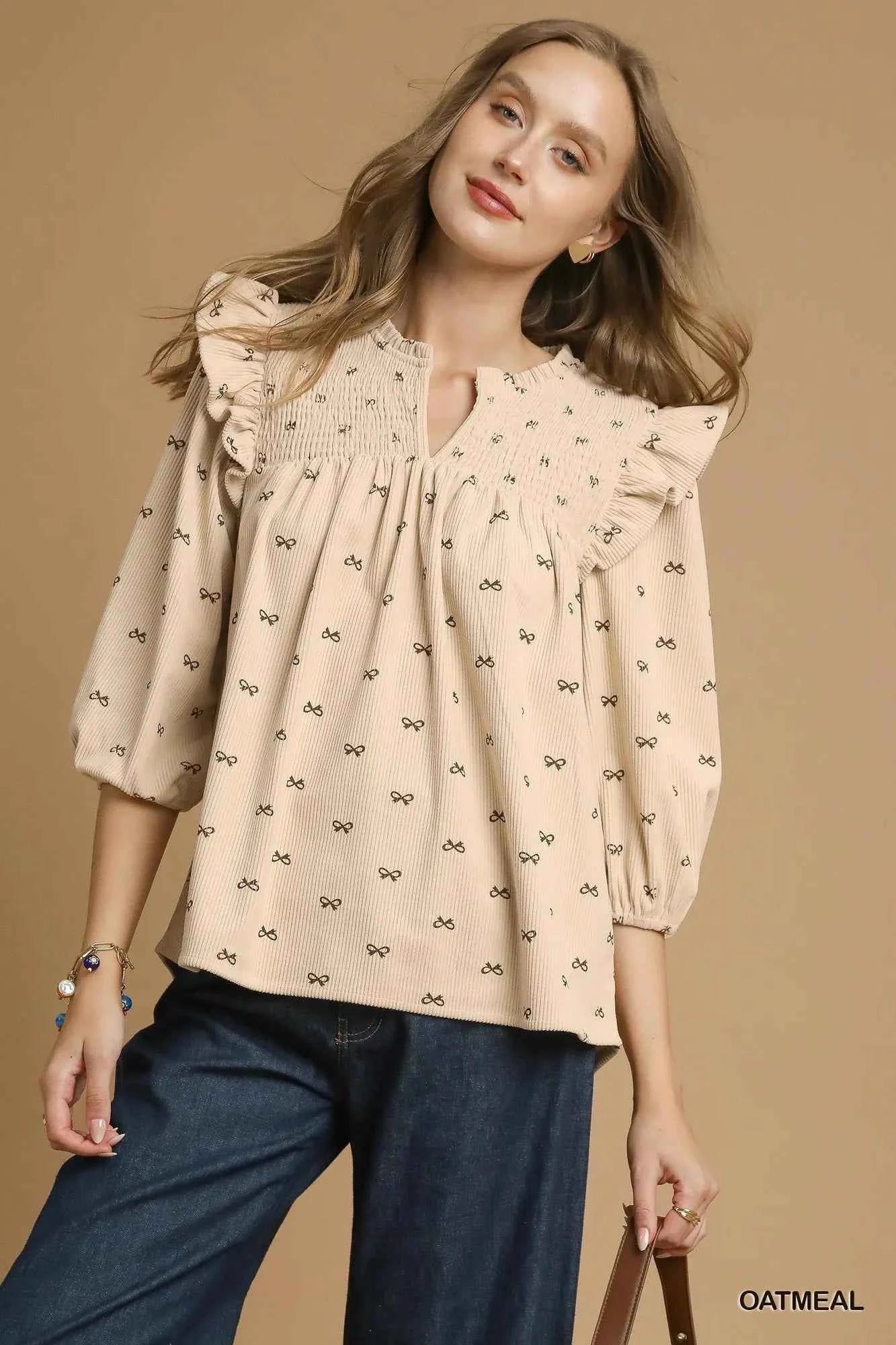 Umgee Bow Print Corduroy Puff Sleeve Blouse with Ruffled OATMEAL fc2db0f1-9036-4659-a418-2293e510c964-Max-Origin
