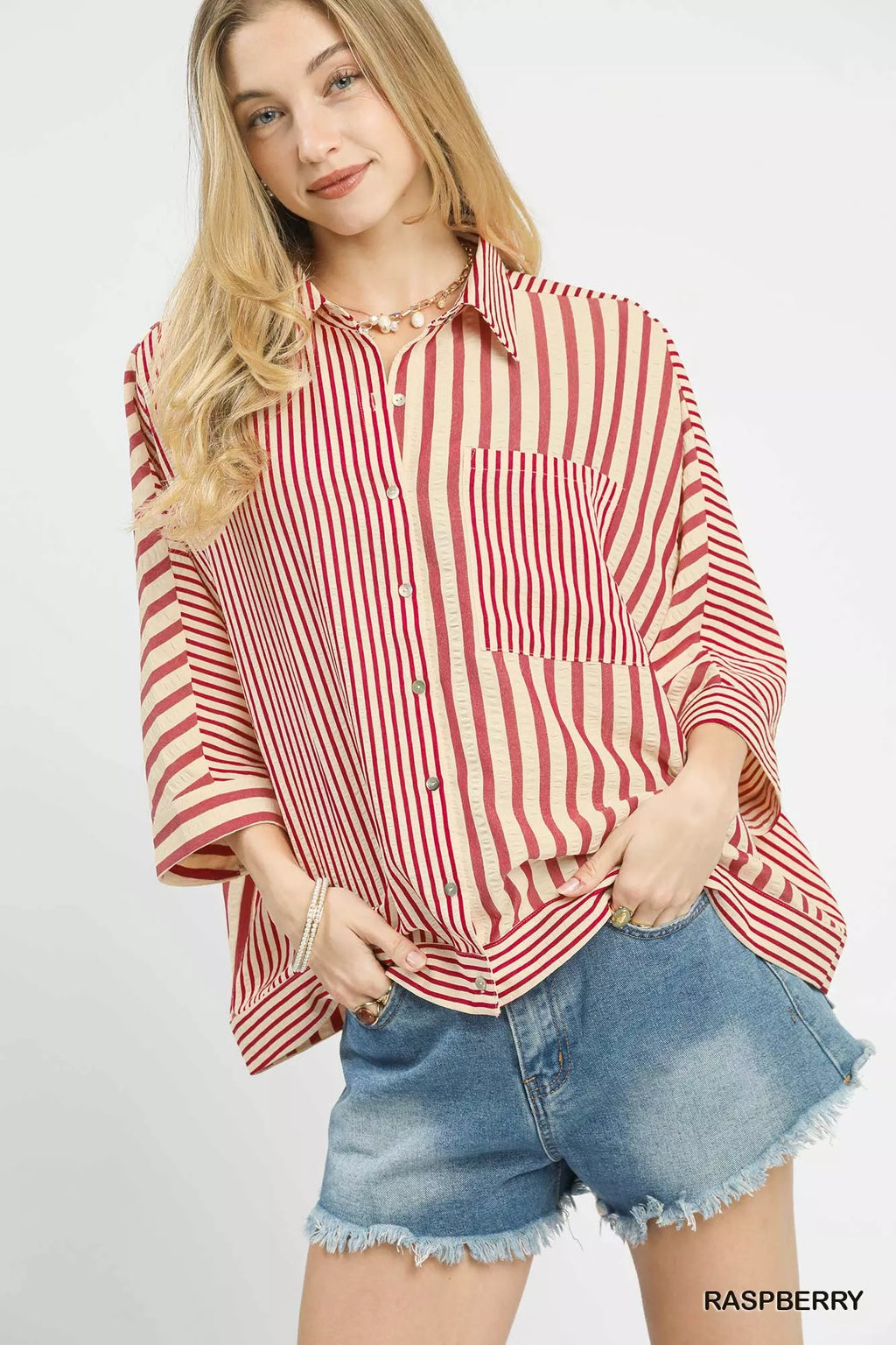 Umgee Mixed Stripe Oversized Button Down Top RASPBERRY fc320b70-424b-4301-90f1-6d05e4b7eda5-Max-Origin