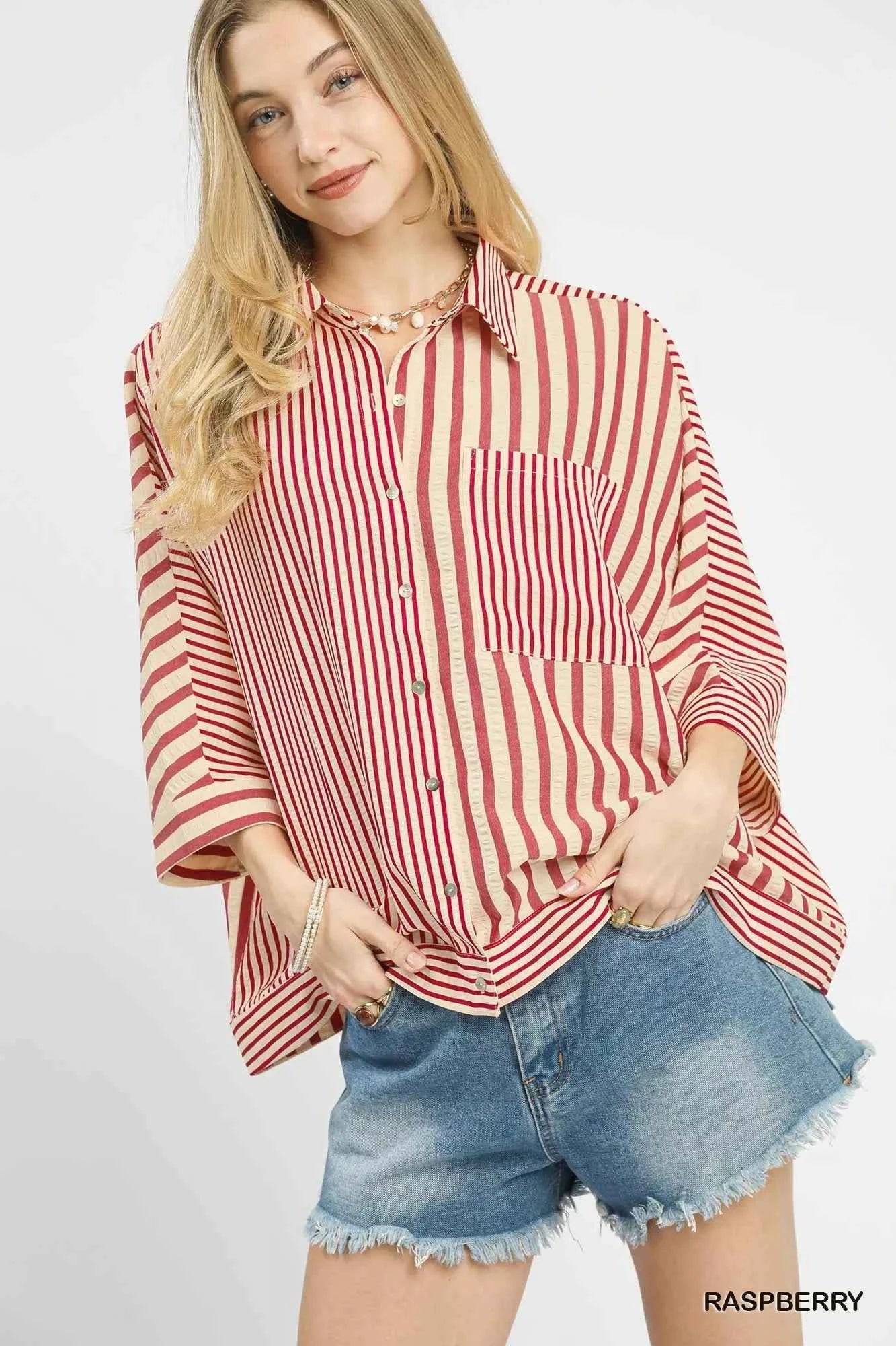 Umgee Mixed Stripe Oversized Button Down Top RASPBERRY fc320b70-424b-4301-90f1-6d05e4b7eda5-Max-Origin