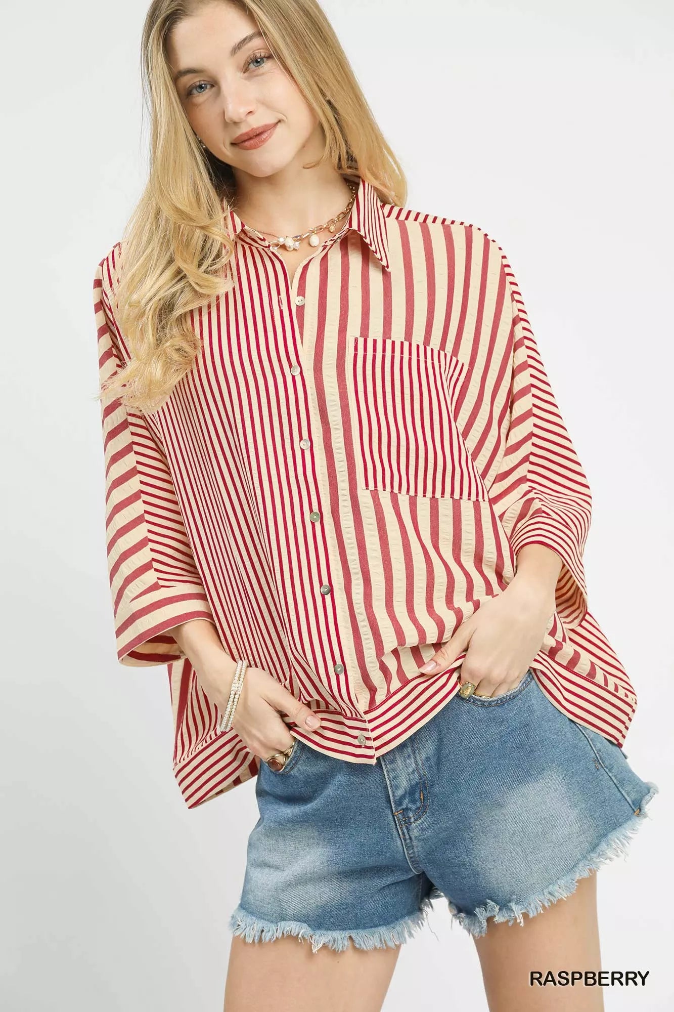 Umgee Mixed Stripe Oversized Button Down Top RASPBERRY fc320b70-424b-4301-90f1-6d05e4b7eda5-Max-Origin