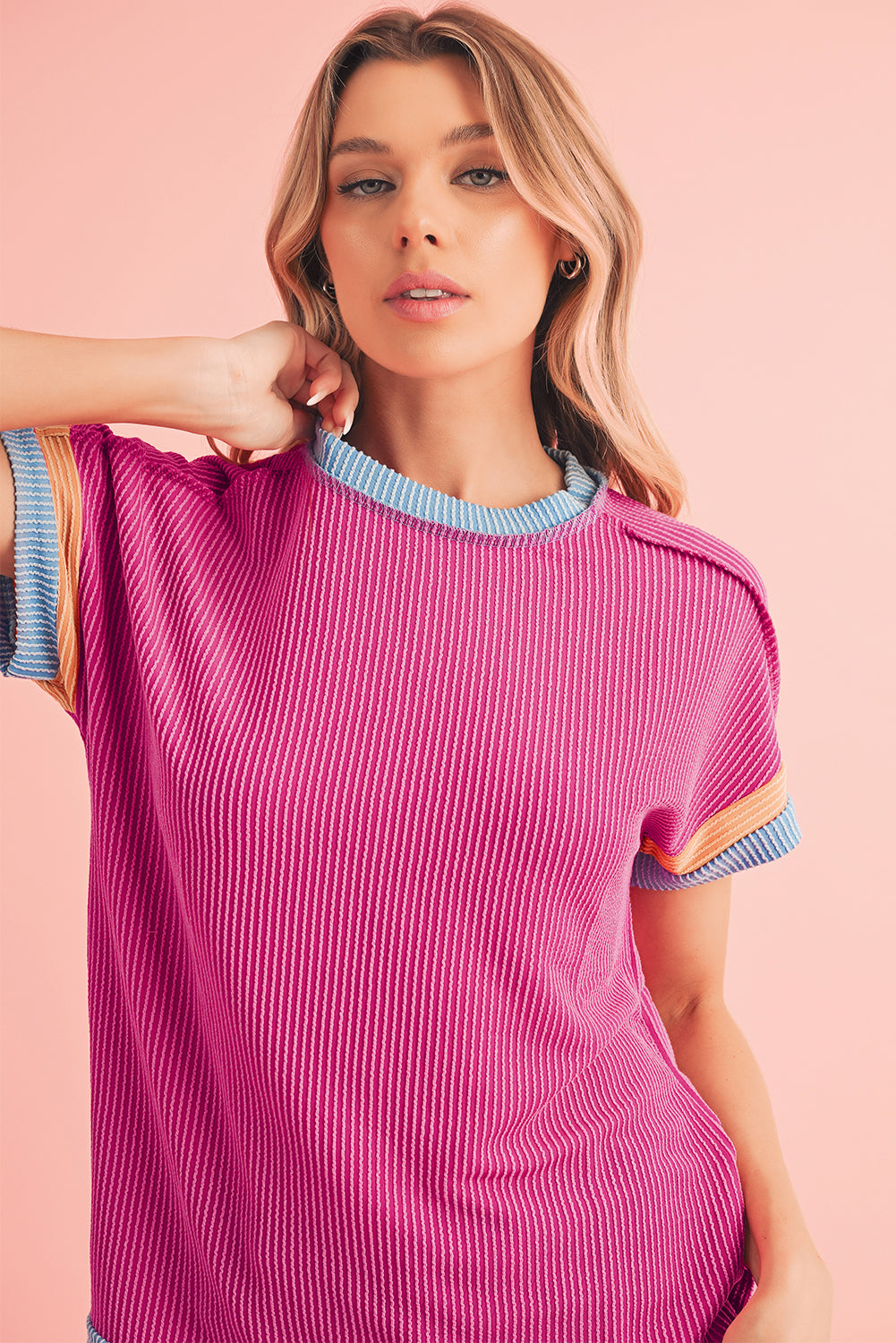 Rose Red Textured Colorblock Round Neck T Shirt fc32d95777b4248d