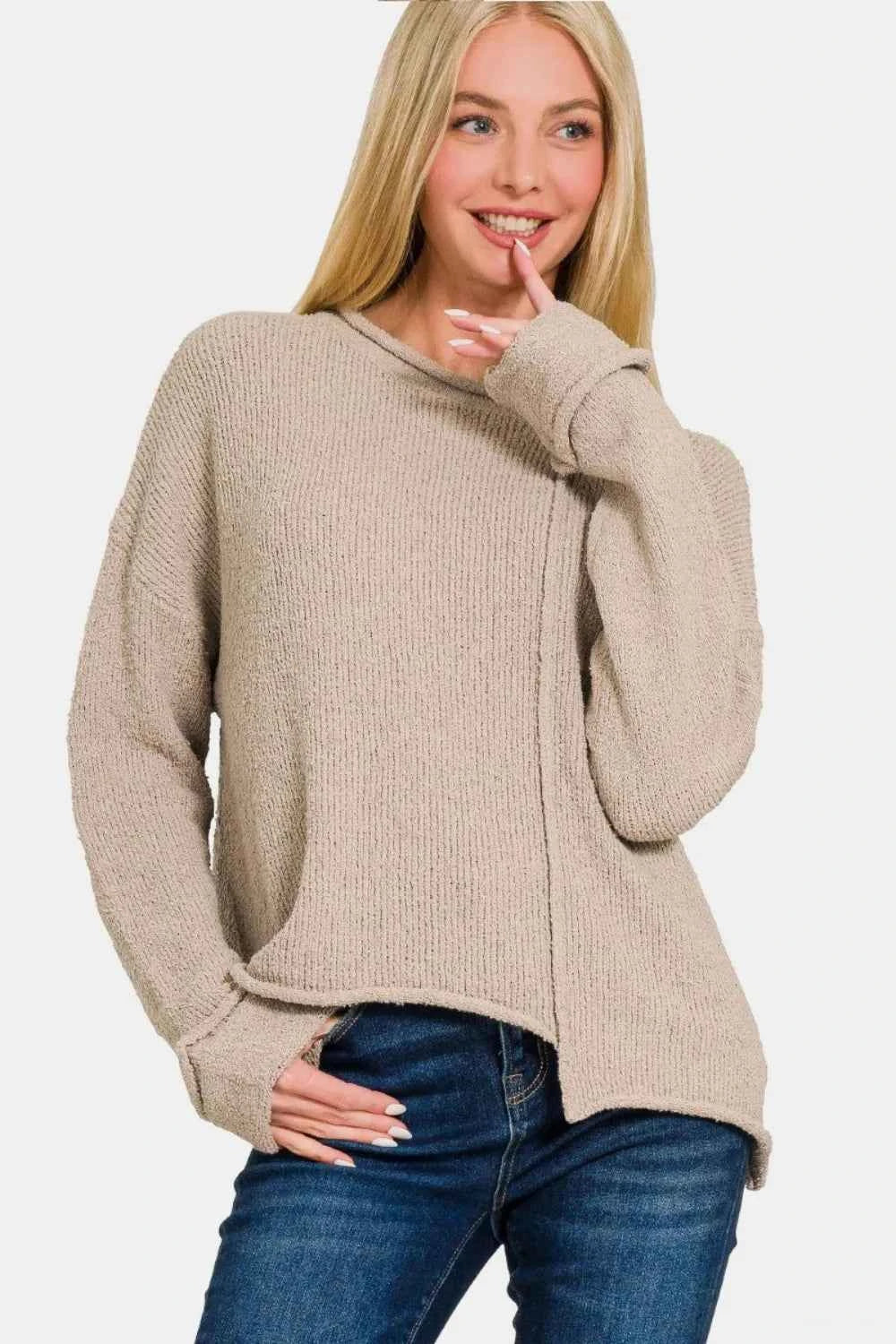 Zenana Asymmetric Hem Drop Shoulder Sweater Ash Mocha fc3884db-c2f9-48a0-8497-4ac5413f4da0-Max