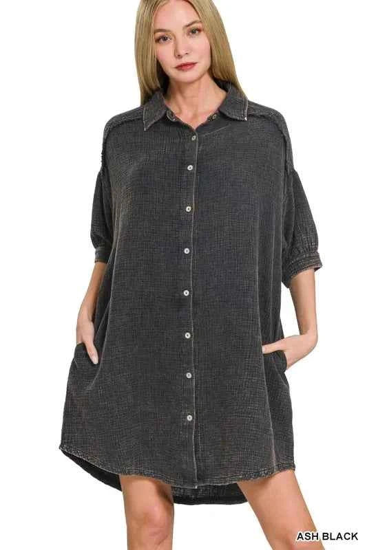 Zenana Washed Double Gauze Button Down Shirt Dress fc4277fe73ef46e7947253c5e0513604-Max-Origin