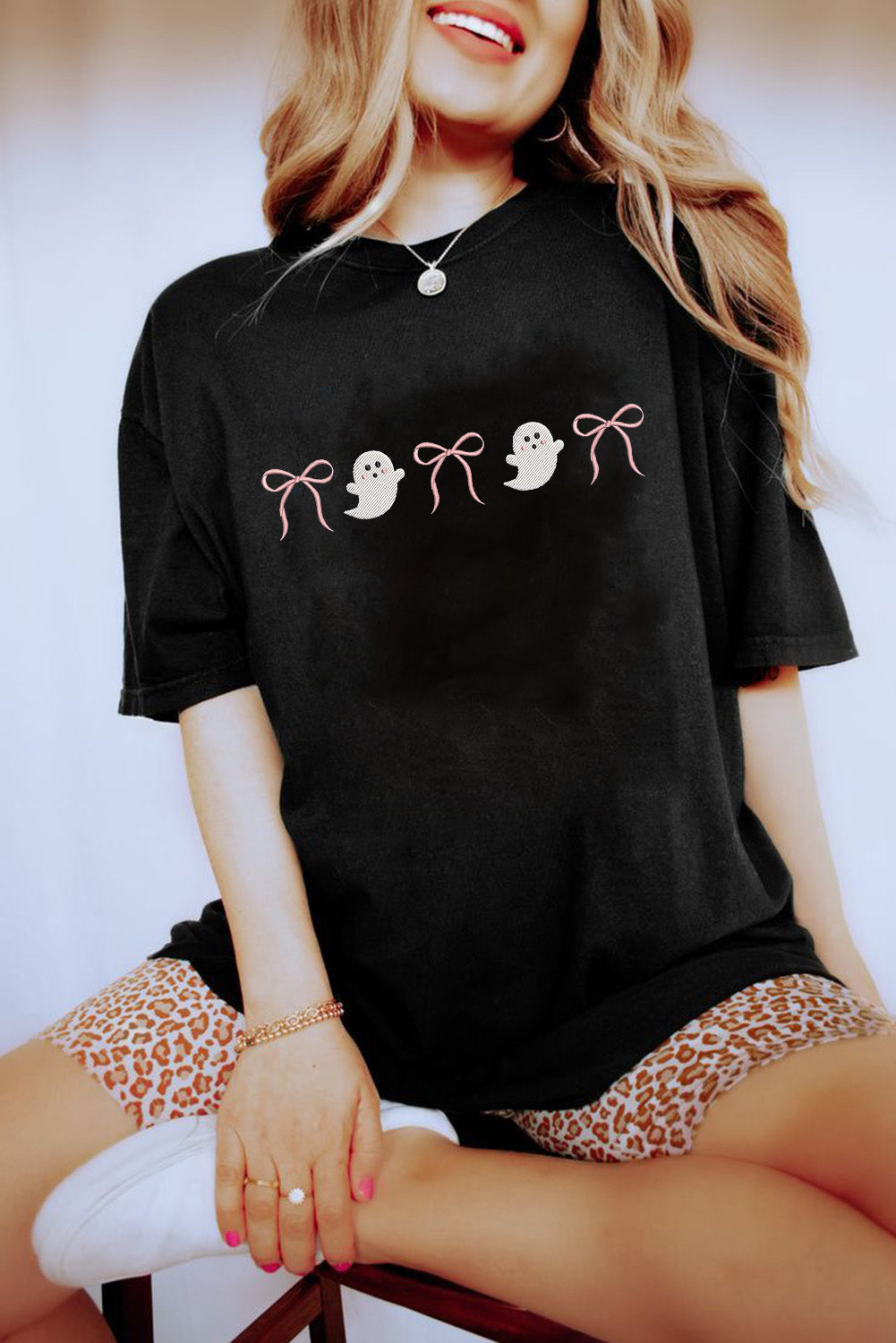 Black Halloween Ghost Bow Embroidered Loose T Shirt fc4312675b290f5c