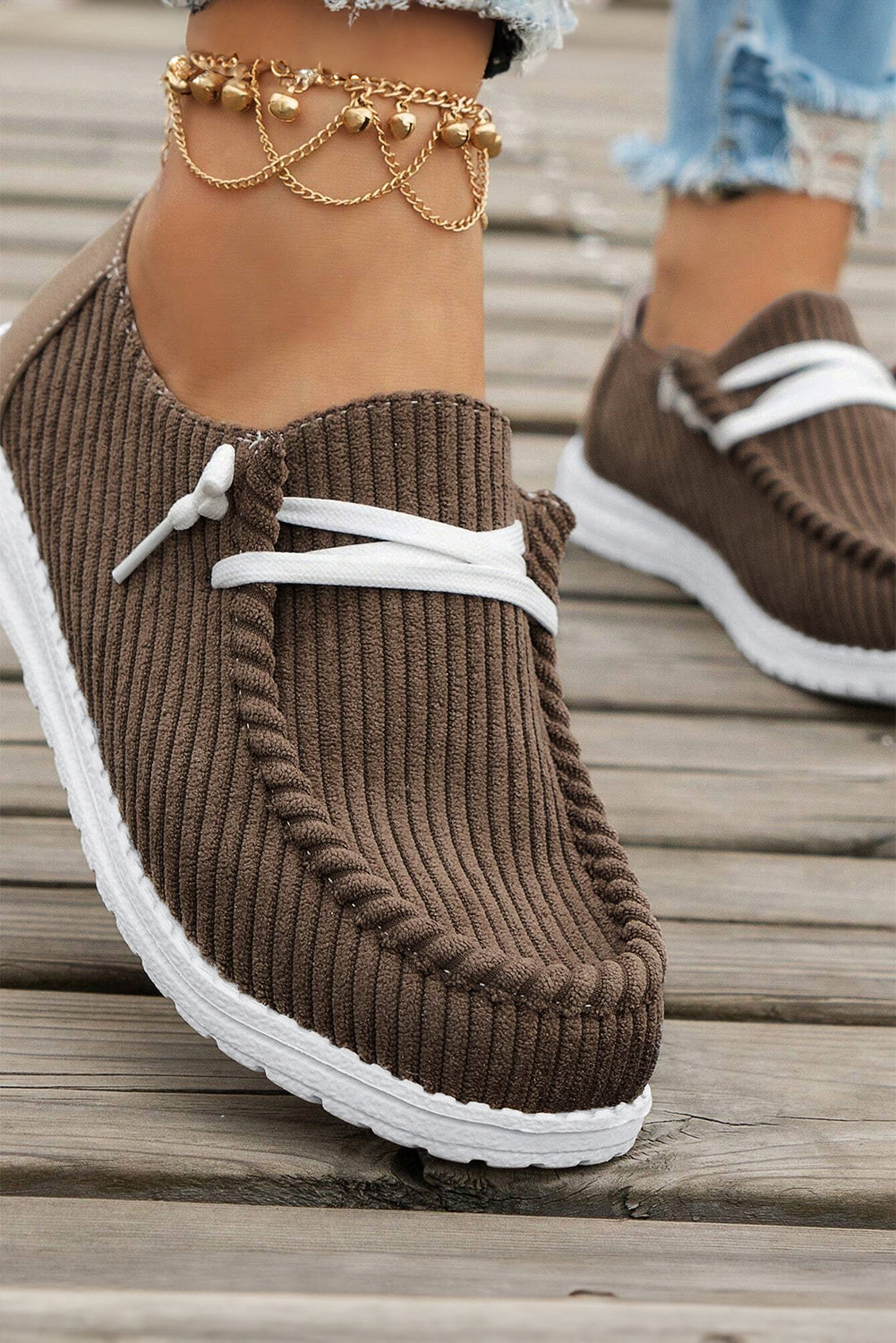 White Solid Ribbed Criss Cross Casual Shoes Coffee FabricA:100%Polyester+FabricB:100%TPR fc467ed4fc544e25
