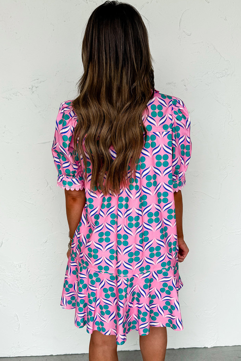 Pink Geometric Print V-Neck Ricrac Trim Mini Dress fc485a43f51b784e