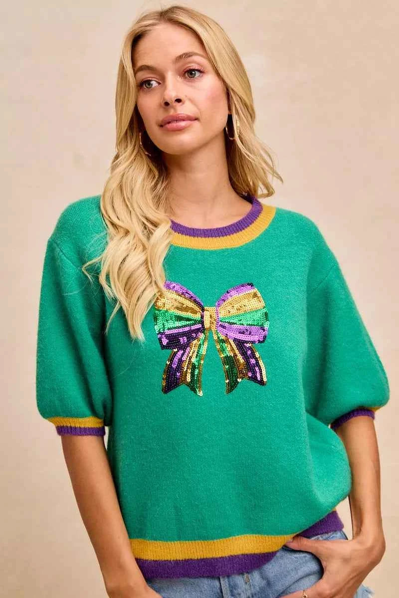 BiBi Mardi Gras Sequin Ribbon Patched Sweater fc51ee936e934eab8acadc12d573bea7-Max-Origin