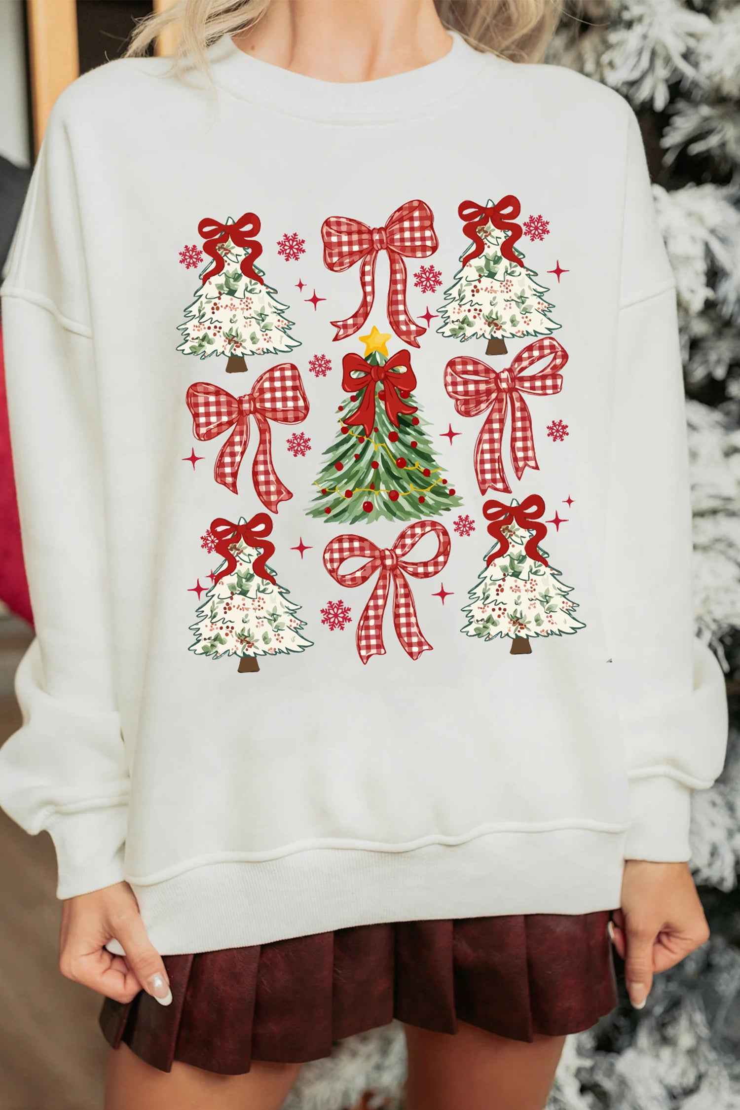 White Christmas Tree Ribbon Bow Printed Drop Shoulder Sweatshirt fc575ace1fc1b36e