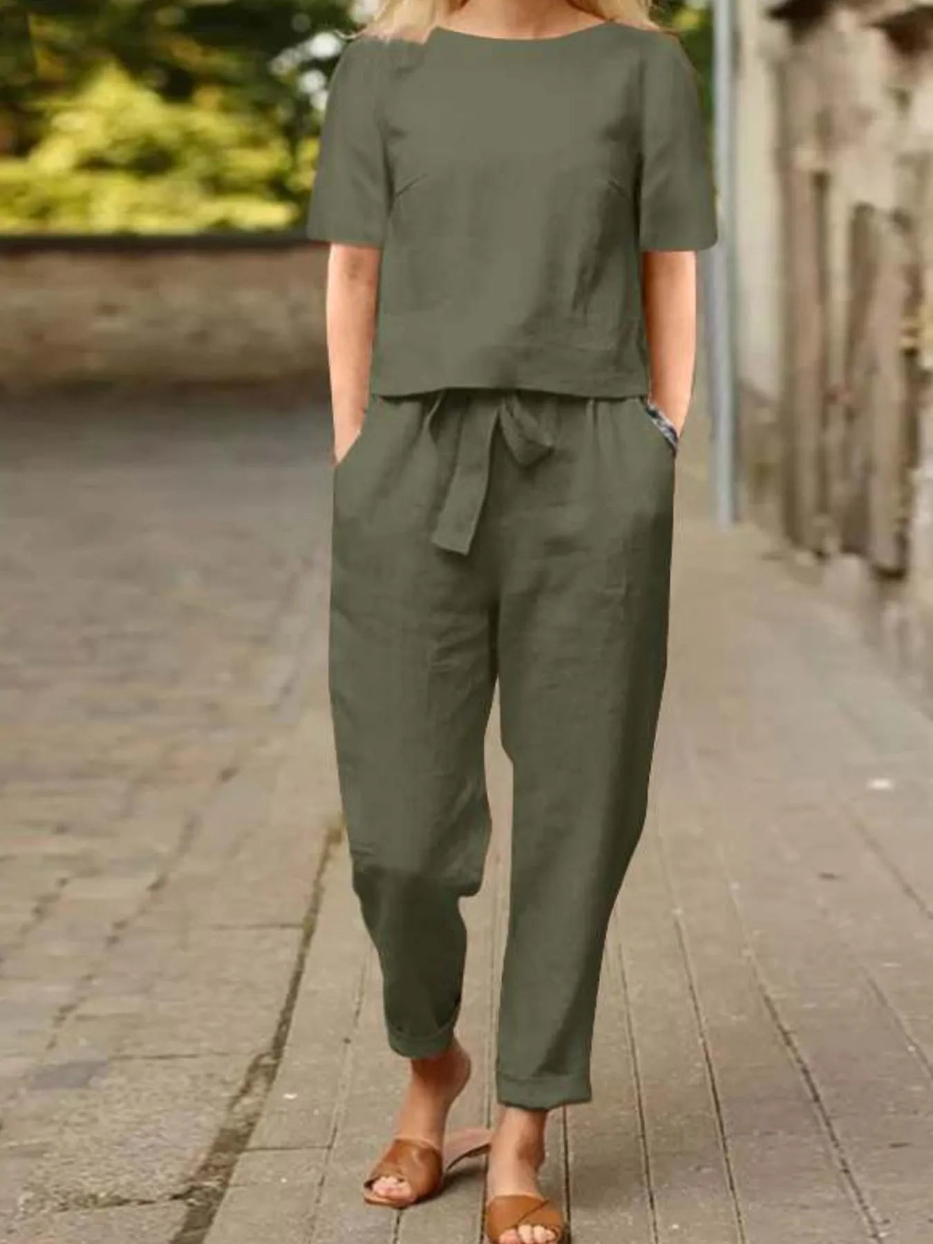Full Size Round Neck Short Sleeve Top and Pants Set Plus Size Army Green fc598fe2-43a4-4b0b-b0dd-d331a7c46fd3-Max-Origin