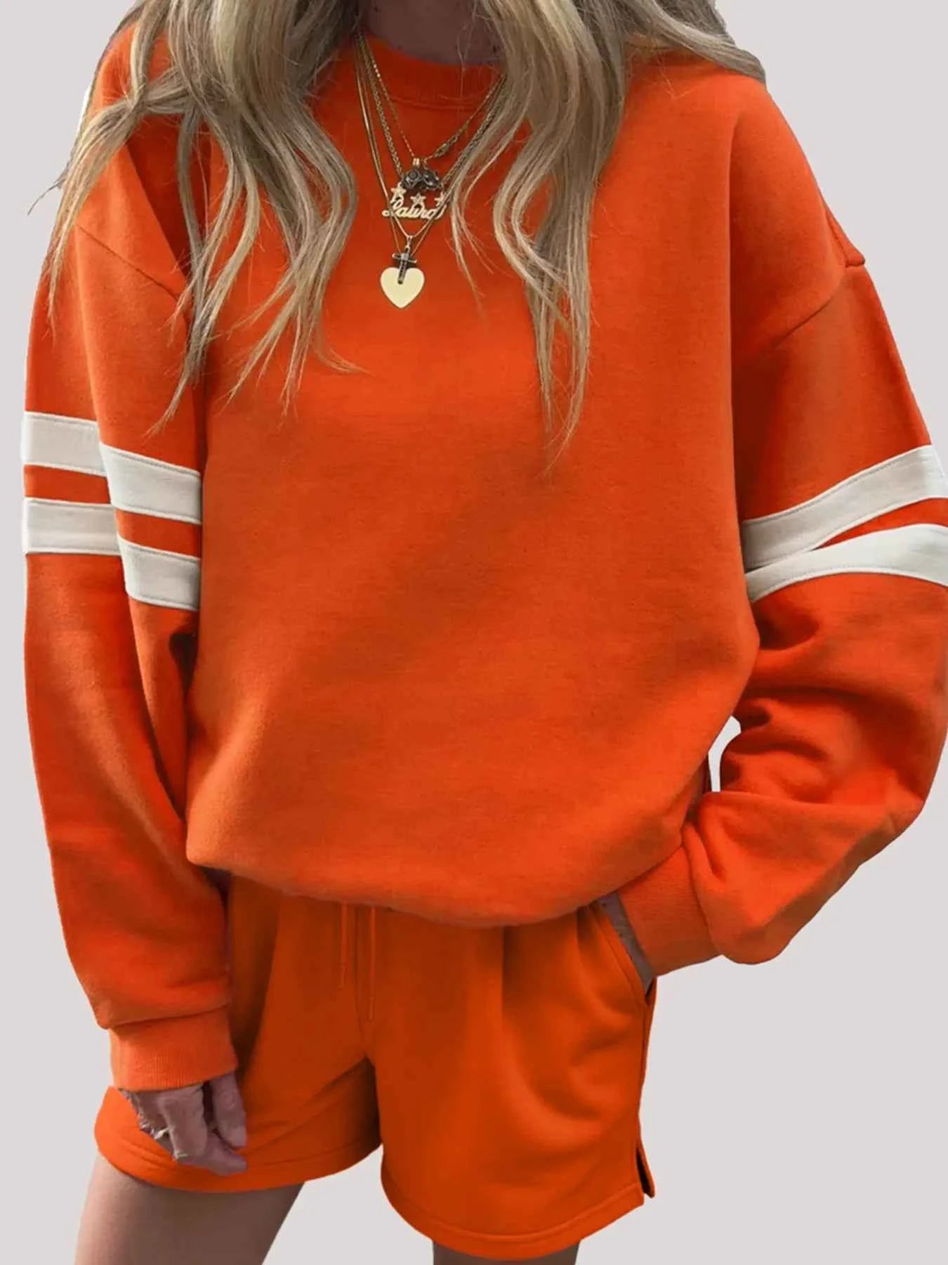 Stripe Round Neck Sweatshirt and Shorts Set fc5b936ffd1a41c899f63940d90ff417-Max-Origin