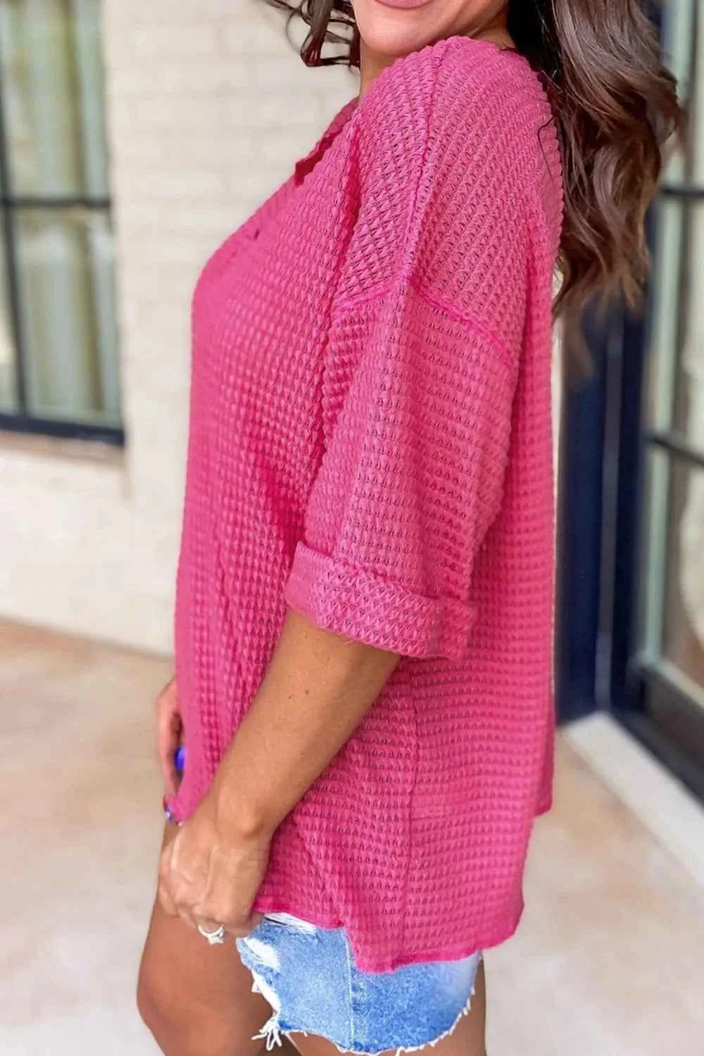 Textured Cuffed Short Sleeve Top fc5fa8a9-b35e-469e-be67-a0c37b760f63-Max