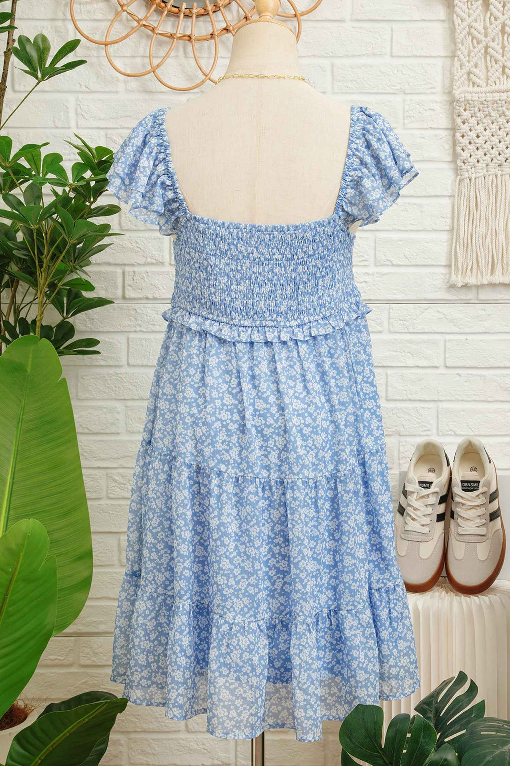 Sky Blue Floral Print Square Neck Flutter Sleeve Smocked Tiered Mini Dress fc60687ac5ee14c0