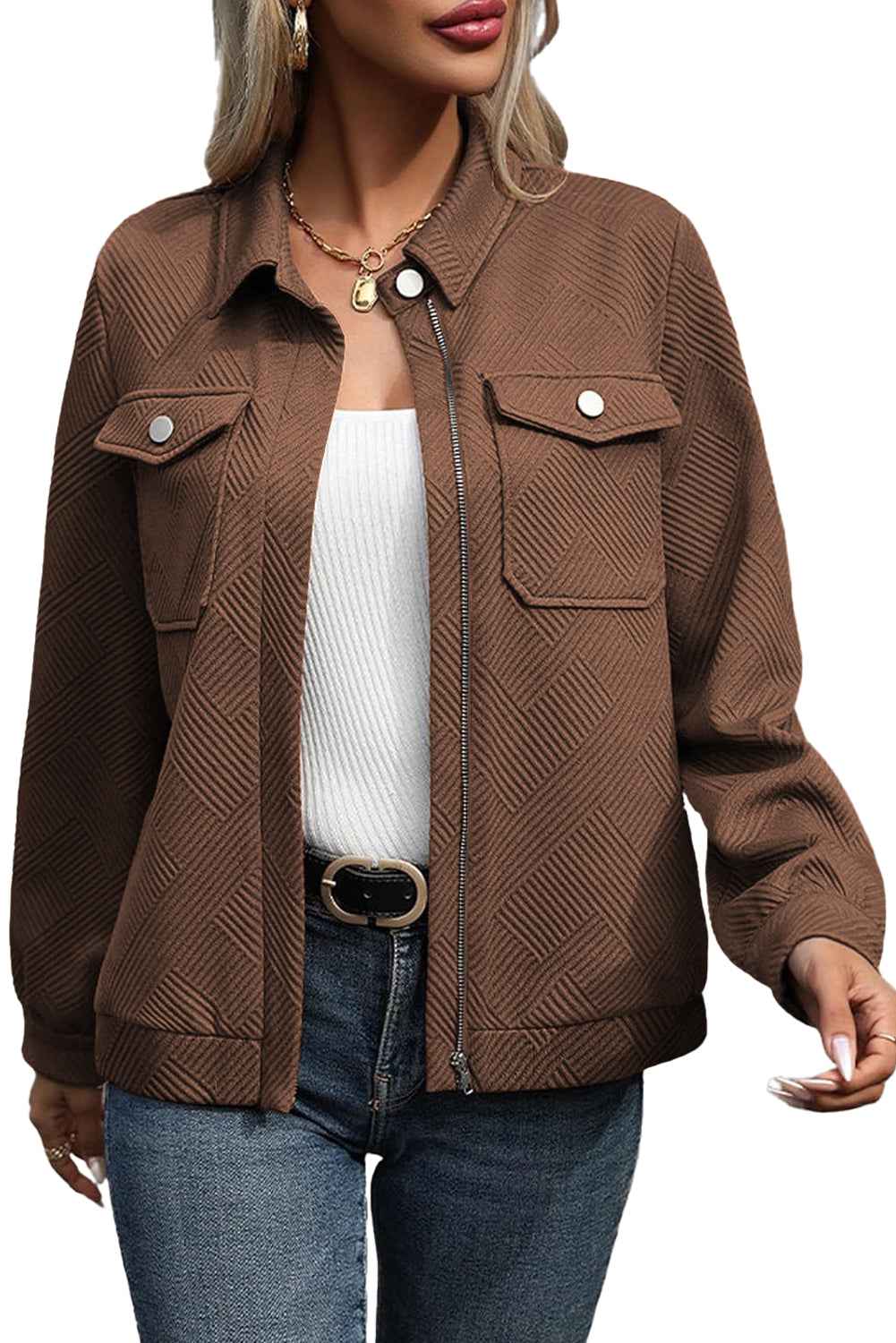 Blackish Green Solid Color Zip Up Button Flap Pocket Shirt Collar Jackets fc629f9ad148996d