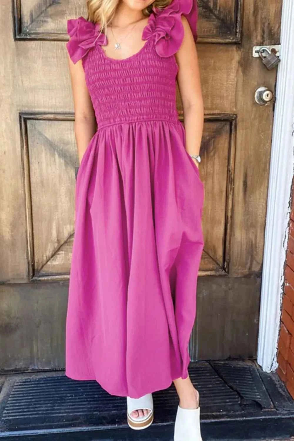 Solid Color Ruffled Straps Smocked Ruched Maxi Dress Cerise fc639cec-5c71-429a-87db-0c3f6473e635-Max-Origin